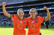 7 April 2024; Armagh players Emily Druse, left, and Ciara Garvey celebrate after their side's victory in the Lidl LGFA National League Division 1 final match between Armagh and Kerry at Croke Park in Dublin. Photo by Piaras Ó Mídheach/Sportsfile