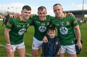 7 April 2024; Seven year old Cian Comey, from the Summerhill GAA Club with his Meath clubmates Eoghan Frayne, Ronan Ryan and Ross Ryan after the Leinster GAA Football Senior Championship Round 1 match between Longford and Meath at Glennon Brothers Pearse Park in Longford. Photo by Ray McManus/Sportsfile
