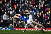 7 April 2024; Conor McManus of Monaghan under pressure from Brían O'Connell of Cavan during the Ulster GAA Football Senior Championship preliminary round match between Monaghan and Cavan at St Tiernach's Park in Clones, Monaghan. Photo by Ramsey Cardy/Sportsfile
