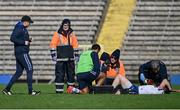 7 April 2024; Monaghan manager Vinny Corey checks on the injured Darren Hughes of Monaghan during the Ulster GAA Football Senior Championship preliminary round match between Monaghan and Cavan at St Tiernach's Park in Clones, Monaghan. Photo by Ramsey Cardy/Sportsfile
