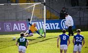 7 April 2024; Longford goalkeeper Patrick Collum is beaten for Meath's second goal, a penalty scored by Eoghan Frayne , during the Leinster GAA Football Senior Championship Round 1 match between Longford and Meath at Glennon Brothers Pearse Park in Longford. Photo by Ray McManus/Sportsfile