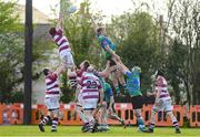 7 April 2024; Sean O'Brien of Tullow RFC takes the ball in the lineout against Gorey RFC during the Bank of Ireland Provincial Towns Cup semi-final match between Gorey and Tullow at Enniscorthy RFC in Wexford. Photo by Matt Browne/Sportsfile