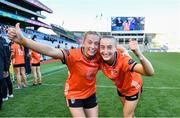 7 April 2024; Aoife McCoy, left, and, Cait Towe of Armagh after their side's victory in the Lidl LGFA National League Division 1 final match between Armagh and Kerry at Croke Park in Dublin. Photo by Stephen Marken/Sportsfile