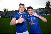 7 April 2024; Conor Brady, left, and Cian Reilly of Cavan celebrate after the Ulster GAA Football Senior Championship preliminary round match between Monaghan and Cavan at St Tiernach's Park in Clones, Monaghan. Photo by Ramsey Cardy/Sportsfile