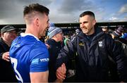 7 April 2024; Cavan manager Raymond Galligan, right, celebrates with Killian Brady after the Ulster GAA Football Senior Championship preliminary round match between Monaghan and Cavan at St Tiernach's Park in Clones, Monaghan. Photo by Ramsey Cardy/Sportsfile