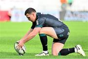 7 April 2024; Joe Simmonds of Section Paloise prepares to kick a conversion during the Challenge Cup Round of 16 match between Section Paloise and Connacht at Stade du Hameau in Pau, France. Photo by Loic Cousin/Sportsfile