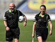 7 April 2024; Referee Shane Curley, and linesperson Leah Mullins during the Lidl LGFA National League Division 1 final match between Armagh and Kerry at Croke Park in Dublin. Photo by Stephen Marken/Sportsfile