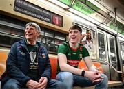 7 April 2024; Mayo supporters John Gilmore from Foxford, left, and Dylan Coleman from Knockmore, ride the number one subway before the Connacht GAA Football Senior Championship quarter-final match between New York and Mayo at Gaelic Park in New York, USA. Photo by Sam Barnes/Sportsfile