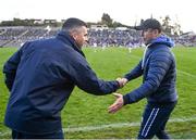 7 April 2024; Monaghan manager Vinny Corey shakes hands with Cavan manager Raymond Galligan after the Ulster GAA Football Senior Championship preliminary round match between Monaghan and Cavan at St Tiernach's Park in Clones, Monaghan. Photo by Daire Brennan/Sportsfile