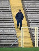 7 April 2024; Cavan manager Raymond Galligan returns from an interview with RTÉ after the Ulster GAA Football Senior Championship preliminary round match between Monaghan and Cavan at St Tiernach's Park in Clones, Monaghan. Photo by Daire Brennan/Sportsfile