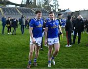 7 April 2024; Oisin Kiernan, left, and Cormac O'Reilly of Cavan celebrate after the Ulster GAA Football Senior Championship preliminary round match between Monaghan and Cavan at St Tiernach's Park in Clones, Monaghan. Photo by Daire Brennan/Sportsfile
