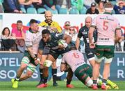 7 April 2024; Lekima Tagitagivalu of Section Paloise is tackled by Shamus Hurley-Langton, left, and Cian Prendergast, 6, of Connacht during the Challenge Cup Round of 16 match between Section Paloise and Connacht at Stade du Hameau in Pau, France. Photo by Loic Cousin/Sportsfile