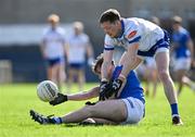7 April 2024; Brían O'Connell of Cavan in action against Conor McManus of Monaghan during the Ulster GAA Football Senior Championship preliminary round match between Monaghan and Cavan at St Tiernach's Park in Clones, Monaghan. Photo by Daire Brennan/Sportsfile
