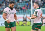 7 April 2024; Bundee Aki, left, and Caolin Blade of Connacht during the Challenge Cup Round of 16 match between Section Paloise and Connacht at Stade du Hameau in Pau, France. Photo by Loic Cousin/Sportsfile