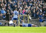 7 April 2024; Darren Hughes of Monaghan is injured and subsequently substituted during the Ulster GAA Football Senior Championship preliminary round match between Monaghan and Cavan at St Tiernach's Park in Clones, Monaghan. Photo by Daire Brennan/Sportsfile