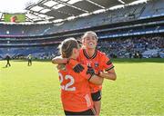 7 April 2024; Armagh players Aimee Mackin, right, and Louise Kenny celebrate after their side's victory in the Lidl LGFA National League Division 1 final match between Armagh and Kerry at Croke Park in Dublin. Photo by Piaras Ó Mídheach/Sportsfile