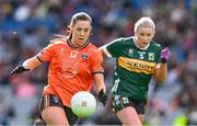 7 April 2024; Niamh Henderson of Armagh in action against Deirdre Kearney of Kerry during the Lidl LGFA National League Division 1 final match between Armagh and Kerry at Croke Park in Dublin. Photo by Piaras Ó Mídheach/Sportsfile