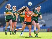 7 April 2024; Niamh Henderson of Armagh in action against Anna Galvin of Kerry during the Lidl LGFA National League Division 1 final match between Armagh and Kerry at Croke Park in Dublin. Photo by Piaras Ó Mídheach/Sportsfile