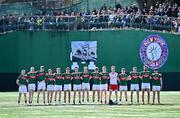 7 April 2024; The Mayo team stand for the anthems before the Connacht GAA Football Senior Championship quarter-final match between New York and Mayo at Gaelic Park in New York, USA. Photo by Sam Barnes/Sportsfile