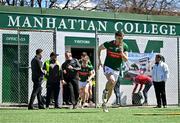 7 April 2024; Paddy Durcan of Mayo leads out his team before the Connacht GAA Football Senior Championship quarter-final match between New York and Mayo at Gaelic Park in New York, USA. Photo by Sam Barnes/Sportsfile
