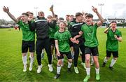 7 April 2024; Peamount United players celebrate the FAI Under 17 Cup final match between Malahide United and Peamount United at Whitehall Stadium in Dublin. Photo by Seb Daly/Sportsfile