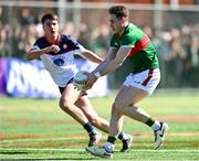 7 April 2024; Paddy Durcan of Mayo in action against Shane Brosnan of New York during the Connacht GAA Football Senior Championship quarter-final match between New York and Mayo at Gaelic Park in New York, USA. Photo by Sam Barnes/Sportsfile