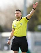 7 April 2024; Referee Dean Stenson during the FAI Under 17 Cup final match between Malahide United and Peamount United at Whitehall Stadium in Dublin. Photo by Seb Daly/Sportsfile