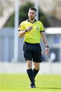 7 April 2024; Referee Dean Stenson during the FAI Under 17 Cup final match between Malahide United and Peamount United at Whitehall Stadium in Dublin. Photo by Seb Daly/Sportsfile