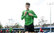 7 April 2024; Dylan Healy of Peamount United celebrates his side's first goal, scored by teammate Isaac Millington, not pictured, during the FAI Under 17 Cup final match between Malahide United and Peamount United at Whitehall Stadium in Dublin. Photo by Seb Daly/Sportsfile