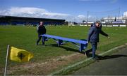7 April 2024; Photographers Gerry Rowley and Syl Healy remove the bench after the team photographs in advance of the Leinster GAA Football Senior Championship Round 1 match between Longford and Meath at Glennon Brothers Pearse Park in Longford. Photo by Ray McManus/Sportsfile