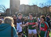 7 April 2024; Cillian O’Connor of Mayo and Tiernan Mathers of New York shake hands after the Connacht GAA Football Senior Championship quarter-final match between New York and Mayo at Gaelic Park in New York, USA. Photo by Sam Barnes/Sportsfile