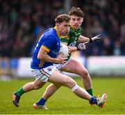 7 April 2024; Daniel Mimnagh of Longford in action against James Conlon of Meath during the Leinster GAA Football Senior Championship Round 1 match between Longford and Meath at Glennon Brothers Pearse Park in Longford. Photo by Ray McManus/Sportsfile