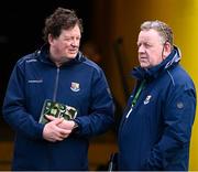 7 April 2024; Longford County Board Chairman, Albert Cooney, and Secretary, Longford GAA County Committee, Peter O'Reilly, right, before the Leinster GAA Football Senior Championship Round 1 match between Longford and Meath at Glennon Brothers Pearse Park in Longford. Photo by Ray McManus/Sportsfile