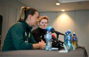 8 April 2024; Head coach Eileen Gleeson, right, and Katie McCabe during a Republic of Ireland Women's media conference at the Castleknock Hotel in Dublin. Photo by Stephen McCarthy/Sportsfile