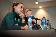 8 April 2024; Katie McCabe and head coach Eileen Gleeson during a Republic of Ireland Women's media conference at the Castleknock Hotel in Dublin. Photo by Stephen McCarthy/Sportsfile
