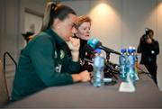 8 April 2024; Head coach Eileen Gleeson and Katie McCabe during a Republic of Ireland Women's media conference at the Castleknock Hotel in Dublin. Photo by Stephen McCarthy/Sportsfile