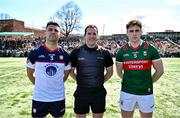7 April 2024; Referee Martin McNally with captains Jamie Boyle of New York and Paddy Durcan of Mayo before the Connacht GAA Football Senior Championship quarter-final match between New York and Mayo at Gaelic Park in New York, USA. Photo by Sam Barnes/Sportsfile