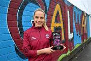 10 April 2024; Julie-Ann Russell of Galway United with her SSE Airtricity Women’s Premier Division Player of the Month Award for March 2024 at Eamonn Deacy Park in Galway. Photo by Tyler Miller/Sportsfile