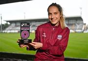 10 April 2024; Julie-Ann Russell of Galway United with her SSE Airtricity Women’s Premier Division Player of the Month Award for March 2024 at Eamonn Deacy Park in Galway. Photo by Tyler Miller/Sportsfile