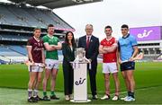 8 April 2024; Susan Brady, Managing Director, Consumer and Small Business, eir, and Uachtarán Chumann Lúthchleas Gael Jarlath Burns, with ambassadors from left, Conor Whelan, Galway, Declan Hannon, Limerick, Shane Kingston, Cork, and Eoghan O'Donnell, Dublin, pictured at the launch of the eir GAA Hurling All-Ireland Senior Championship in Croke Park Stadium ahead of the 2024 season kick off. Bringing the ‘eir for all’ commitment to life, eir announced an exclusive opportunity for its subscribers to sign-up for the GAAGO Season Pass at a reduced rate of €59, representing a saving of over 25%. This will provide exclusive access to livestream 38 All-Ireland Hurling and Football Championship matches between now and the end of the season. Photo by Ramsey Cardy/Sportsfile