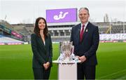 8 April 2024; Susan Brady, Managing Director, Consumer and Small Business, eir, and Uachtarán Chumann Lúthchleas Gael Jarlath Burns, pictured at the launch of the eir GAA Hurling All-Ireland Senior Championship in Croke Park Stadium ahead of the 2024 season kick off. Bringing the ‘eir for all’ commitment to life, eir announced an exclusive opportunity for its subscribers to sign-up for the GAAGO Season Pass at a reduced rate of €59, representing a saving of over 25%. This will provide exclusive access to livestream 38 All-Ireland Hurling and Football Championship matches between now and the end of the season. Photo by Ramsey Cardy/Sportsfile