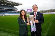 8 April 2024; Susan Brady, Managing Director, Consumer and Small Business, eir, and Uachtarán Chumann Lúthchleas Gael Jarlath Burns, pictured at the launch of the eir GAA Hurling All-Ireland Senior Championship in Croke Park Stadium ahead of the 2024 season kick off. Bringing the ‘eir for all’ commitment to life, eir announced an exclusive opportunity for its subscribers to sign-up for the GAAGO Season Pass at a reduced rate of €59, representing a saving of over 25%. This will provide exclusive access to livestream 38 All-Ireland Hurling and Football Championship matches between now and the end of the season. Photo by Ramsey Cardy/Sportsfile