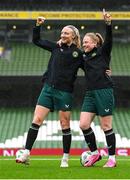 8 April 2024; Louise Quinn, left, and Amber Barrett during a Republic of Ireland Women's training session at the Aviva Stadium in Dublin. Photo by Stephen McCarthy/Sportsfile