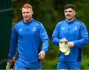 8 April 2024; Ciarán Frawley and Jimmy O'Brien during a Leinster Rugby squad training session at UCD in Dublin. Photo by Harry Murphy/Sportsfile