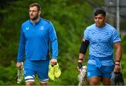 8 April 2024; Jason Jenkins and Michael Ala'alatoa during a Leinster Rugby squad training session at UCD in Dublin. Photo by Harry Murphy/Sportsfile