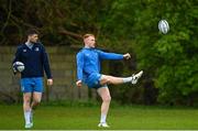 8 April 2024; Ciarán Frawley, right, and Harry Byrne during a Leinster Rugby squad training session at UCD in Dublin. Photo by Harry Murphy/Sportsfile