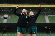 8 April 2024; Louise Quinn, left, and Amber Barrett during a Republic of Ireland Women's training session at the Aviva Stadium in Dublin. Photo by Stephen McCarthy/Sportsfile