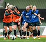 8 April 2024; Denise O'Sullivan and Lily Agg, left, during a Republic of Ireland Women's training session at the Aviva Stadium in Dublin. Photo by Stephen McCarthy/Sportsfile