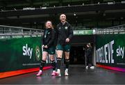 8 April 2024; Louise Quinn and Amber Barrett, left, during a Republic of Ireland Women's training session at the Aviva Stadium in Dublin. Photo by Stephen McCarthy/Sportsfile