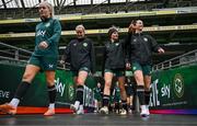 8 April 2024; Players, from left, Lily Agg, Erin McLaughlin, Leanne Kiernan and Anna Patten during a Republic of Ireland Women's training session at the Aviva Stadium in Dublin. Photo by Stephen McCarthy/Sportsfile